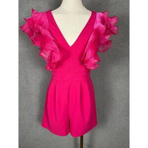 WDIRARA Women's Mesh Layered Ruffle Sleeve V Neck Pleated Romper Small Pink NWTs